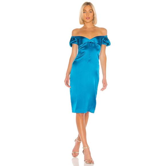 Alexis Blue Cadiz Silk Blend Puff Sleeve Satin Cocktail Midi Dress - Picture 2 of 12